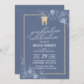 Dental School Graduation Gold Tooth Blue Botanical Invitation (Front/Back)