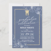 Dental School Graduation Gold Tooth Blue Botanical Invitation (Front)