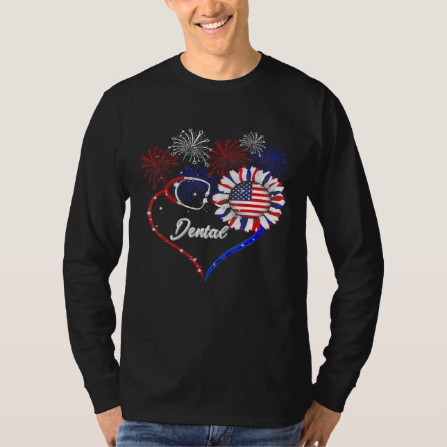 Dental Stethoscope Firework Sunflower America Flag T-Shirt (Front)