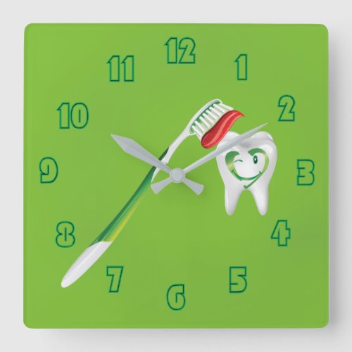 Dental Tooth Toothbrush Green Cute Fun Fab Great Square Wall Clock