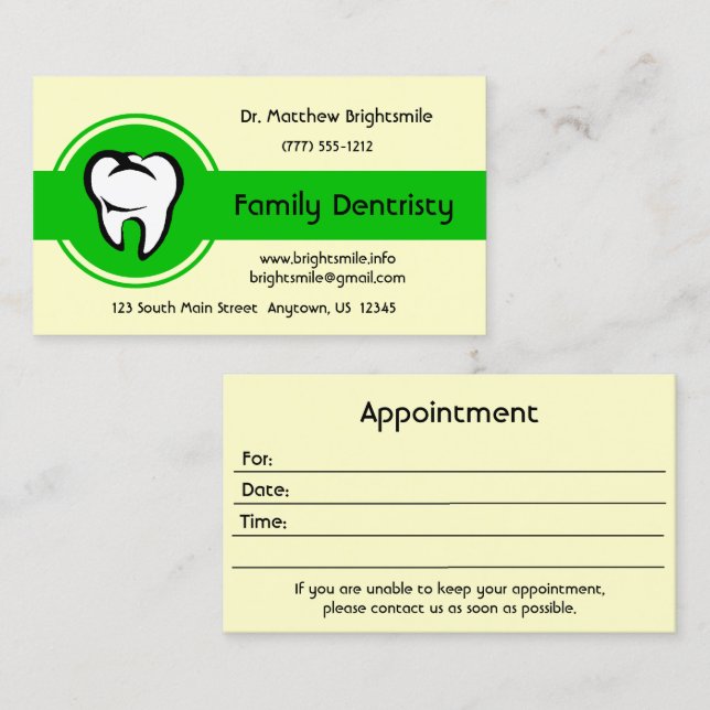 Dental White Tooth Bold Green Center Stripe Appointment Card (Front/Back)