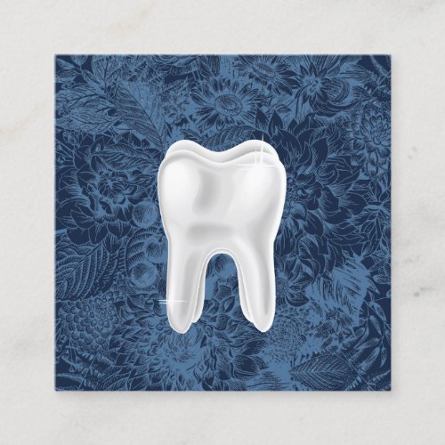 Dentist 3D White Tooth Dental Clinic Blue Floral Square Business Card