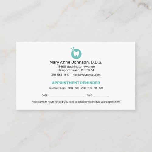 Dentist Appointment Reminder  Dental Office  Busi Business Card