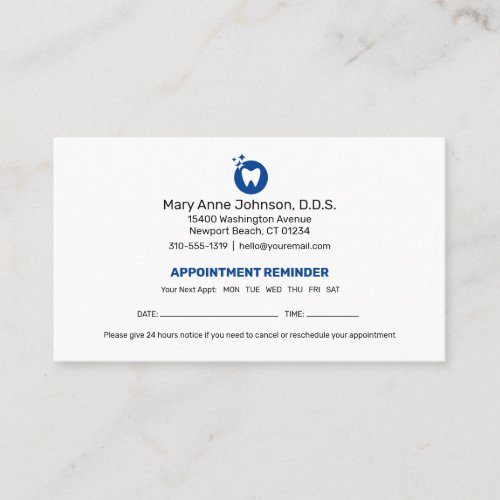 Dentist Appointment Reminder  Dental Office Business Card