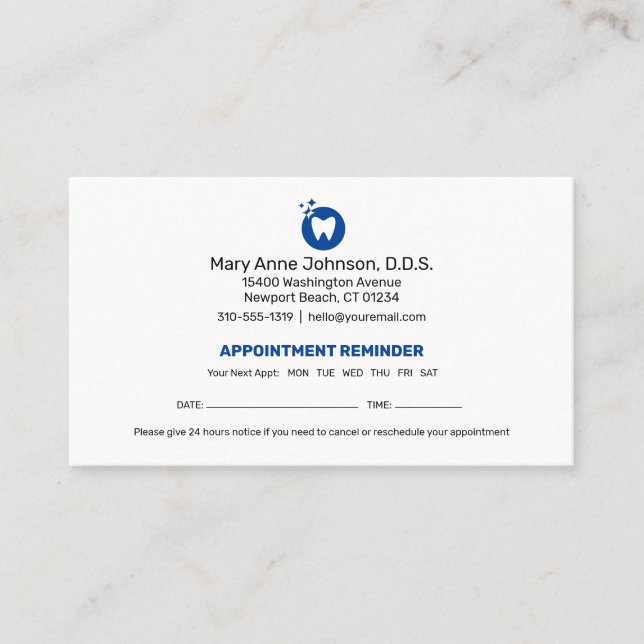 Dentist Appointment Reminder | Dental Office Business Card (Front)