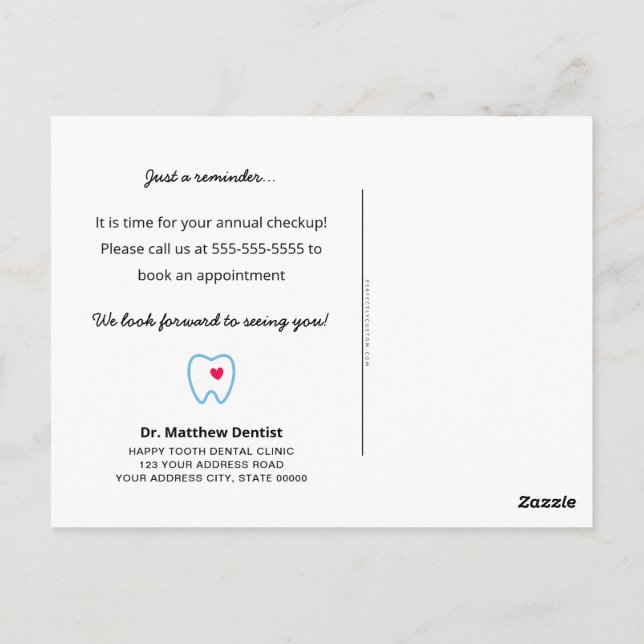 Dentist appointment reminder tooth with heart blue postcard (Back)
