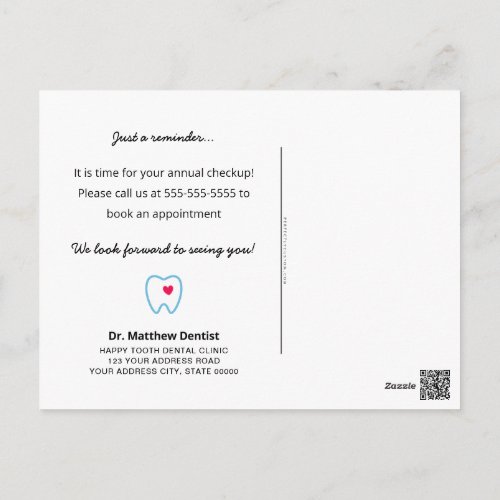 Dentist appointment reminder tooth with heart blue postcard