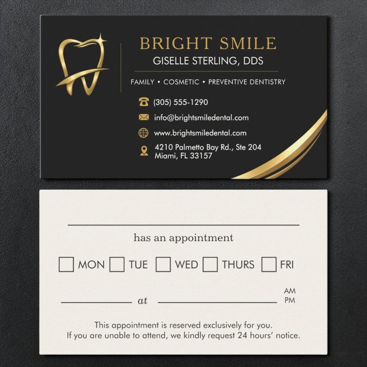 Dentist Black Gold Logo Dental Appointment Business Card
