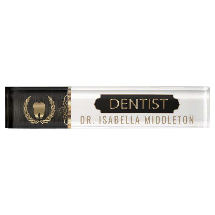 Dentist Black, White & Gold Desk Name Plate Zazzle