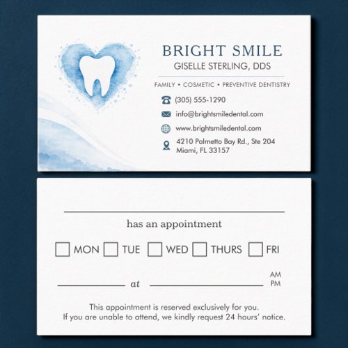 Dentist Blue Heart Watercolor Tooth Appointment Card
