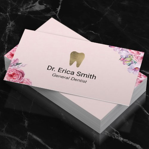 Dentist Blush Pink Floral Gold Tooth Dental Care Business Card