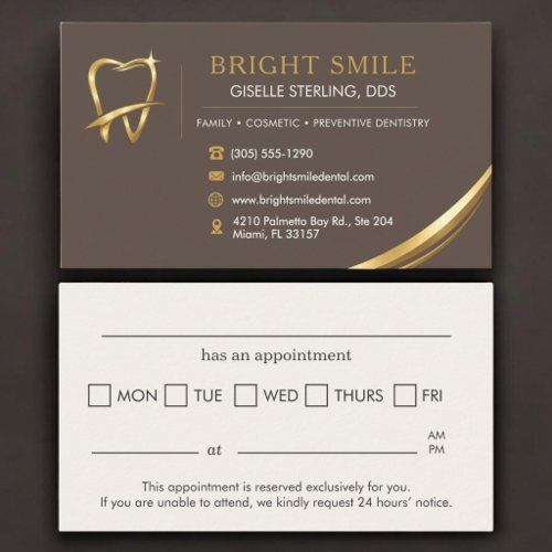 Dentist Brown Gold Logo Dental Appointment Business Card