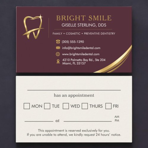 Dentist Burgundy Gold Logo Dental Appointment Card