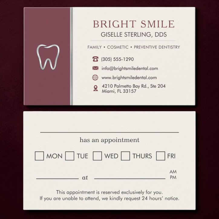 Dentist Burgundy Metallic Tooth Appointment Business Card