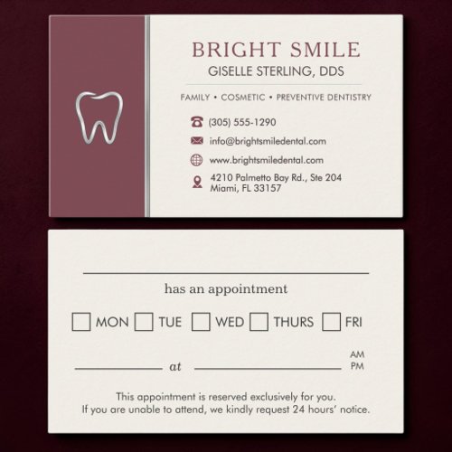 Dentist Burgundy Metallic Tooth Appointment Card