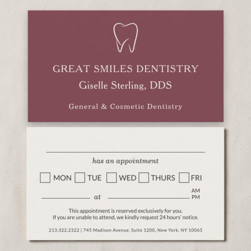 Dentist Burgundy Tooth Dental Appointment Card