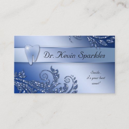 Dentist Business Card Blue Sparkle Leaf Tooth Logo