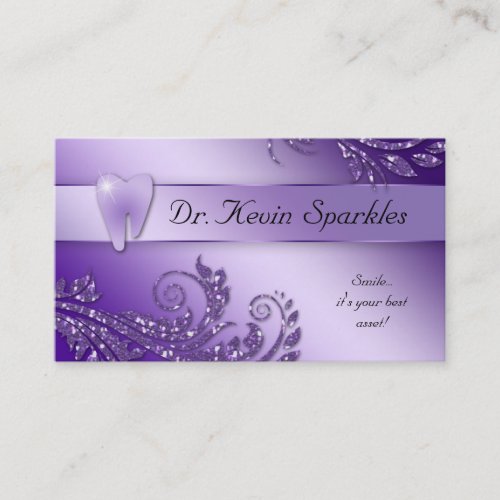Dentist Business Card Purple Sparkle Leaf Tooth
