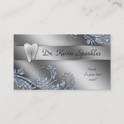 Customizable Dentist Business Card Silver Sparkle Leaf Tooth