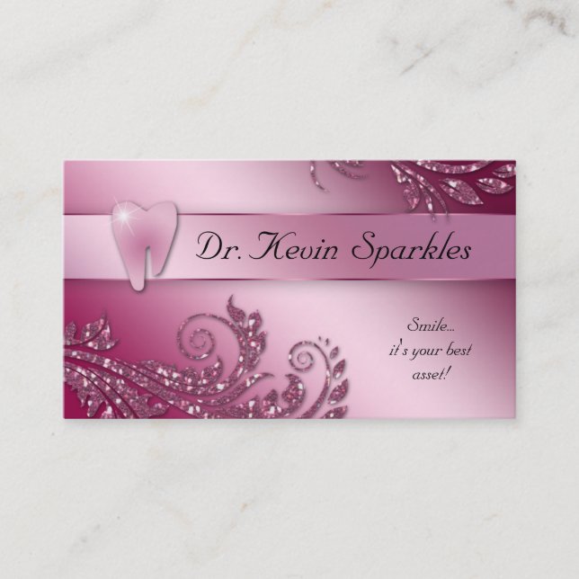 Dentist Business Card Sparkle Leaf Tooth Pink (Front)