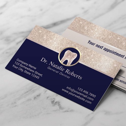 Dentist Chic Gold Border Tooth Logo Navy Dental Appointment Card