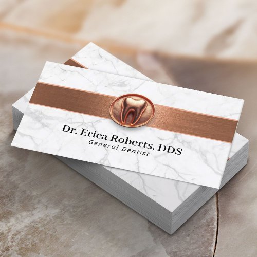 Dentist Copper Tooth Logo Trendy Marble Dental Business Card