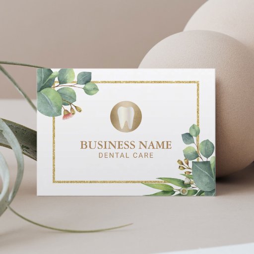 Customizable Dentist Dental Care Modern Gold Border Botanical Business Card