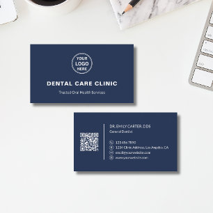 Dentist Dental Clinic Custom Logo QR Navy Blue Business Card
