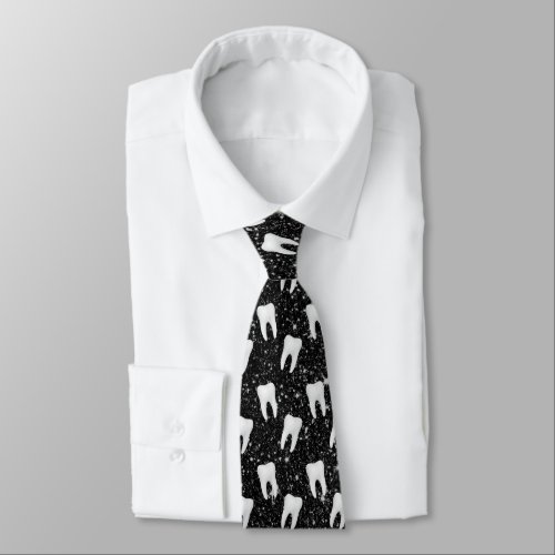 Dentist Dental Tooth Pattern Faux Black Glitter Neck Tie