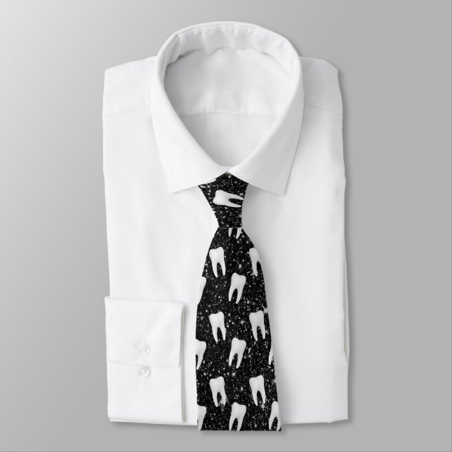 Dentist Dental Tooth Pattern Faux Black Glitter Neck Tie (Tied)
