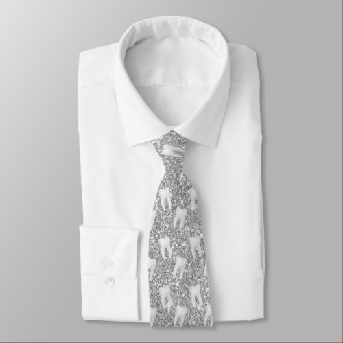 Dentist Dental Tooth Pattern Faux Silver Glitter Neck Tie