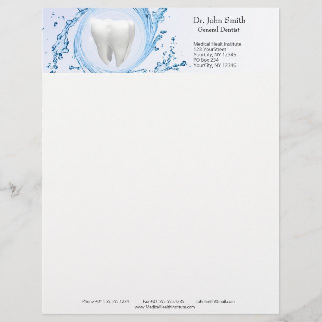Dentist Dental Tooth Water Professional Letterhead (Front)