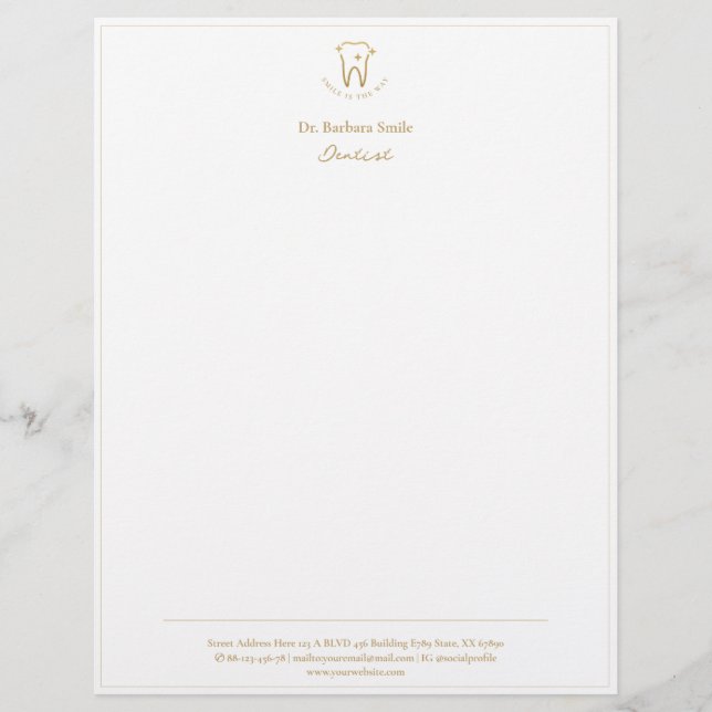 Dentist Dentistry Frame Gold Tooth White Blue Grey Letterhead (Front)