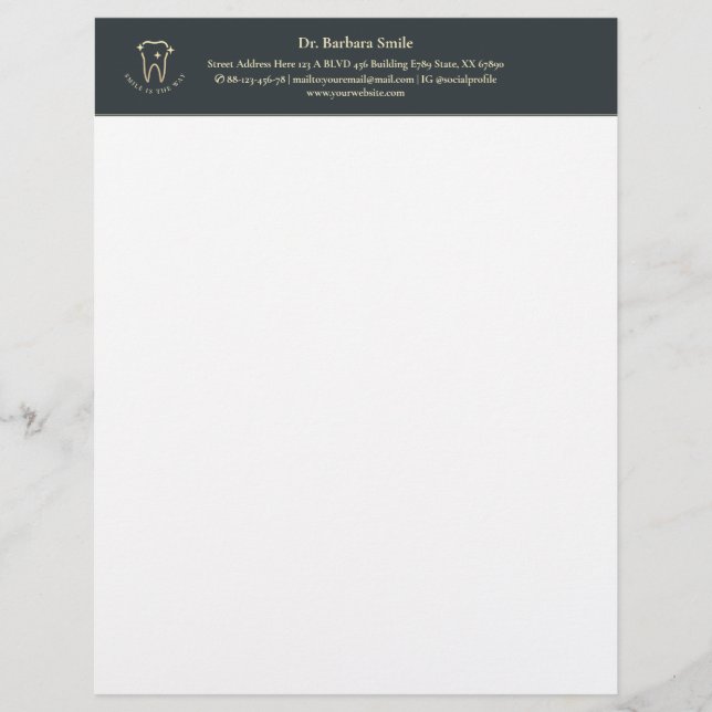 Dentist Dentistry Gold Tooth Dark Blue Grey Letterhead (Front)