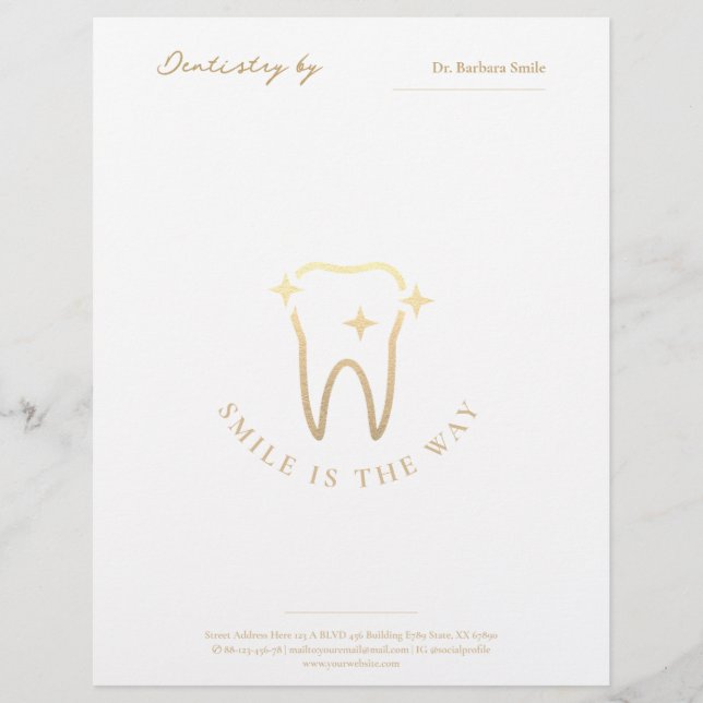 Dentist Dentistry Gold Tooth White and Blue Grey Letterhead (Front)