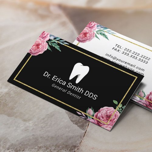 Dentist Elegant Floral Gold Framed Dental Care Business Card