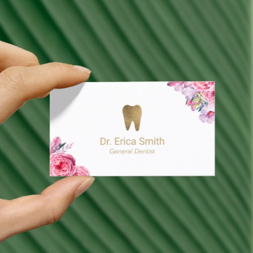 Dentist Elegant Floral Gold Tooth Dental Care Business Card