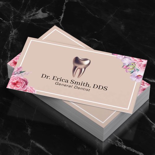 Dentist Elegant Floral Rose Gold Tooth Dental Care Business Card