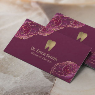 Dentist Gold Tipped Burgundy Floral Dental Care Business Card