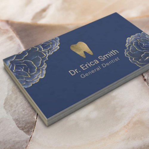 Dentist Gold Tipped Navy Blue Floral Dental Care Business Card