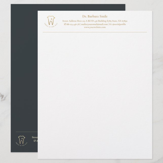Dentist Gold Tooth Dentistry Dark Blue Grey Letterhead (Front/Back)