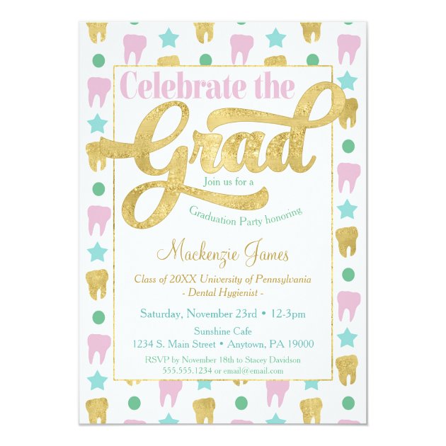 Dentist Graduation Hygienist Pink Gold Invitation