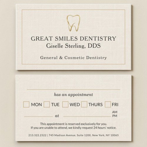 Dentist Linen Gold Tooth Dental Appointment Business Card
