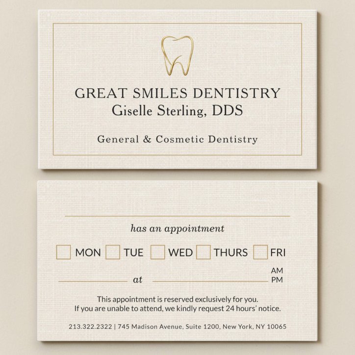 Dentist Linen Gold Tooth Dental Appointment Business Card