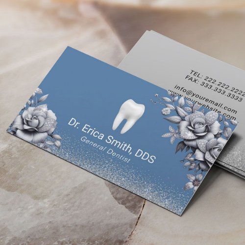Dentist Luxury Silver Floral Blue Dental Care Business Card
