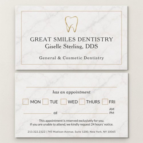 Dentist Marble Gold Tooth Dental Appointment Card
