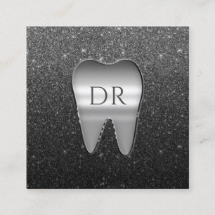 Dentist Metal Tooth Logo Black Glitter Dental Square Business Card