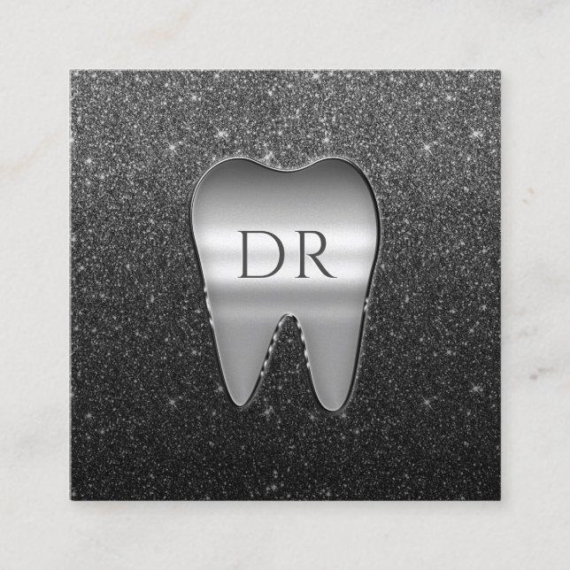 Dentist Metal Tooth Logo Black Glitter Dental Square Business Card (Front)
