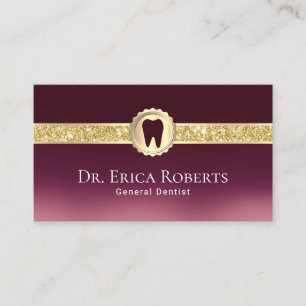 Dentist Modern Gold Badge Burgundy Red Dental Care Business Card