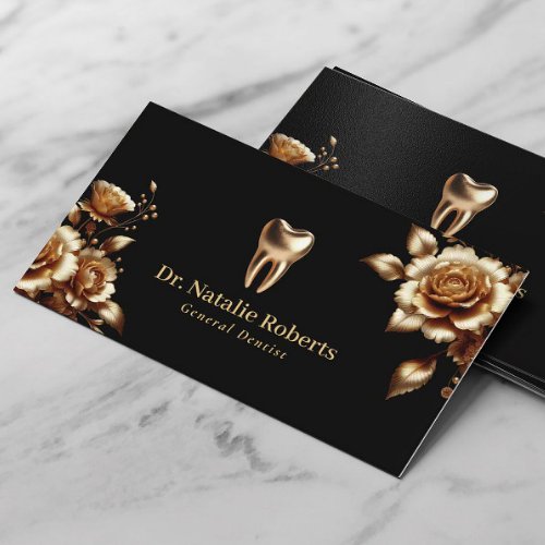 Dentist Modern Gold Floral Black Dental Care Business Card